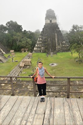 Lucie Bardos standing in front of Temple 2 at Tikal.