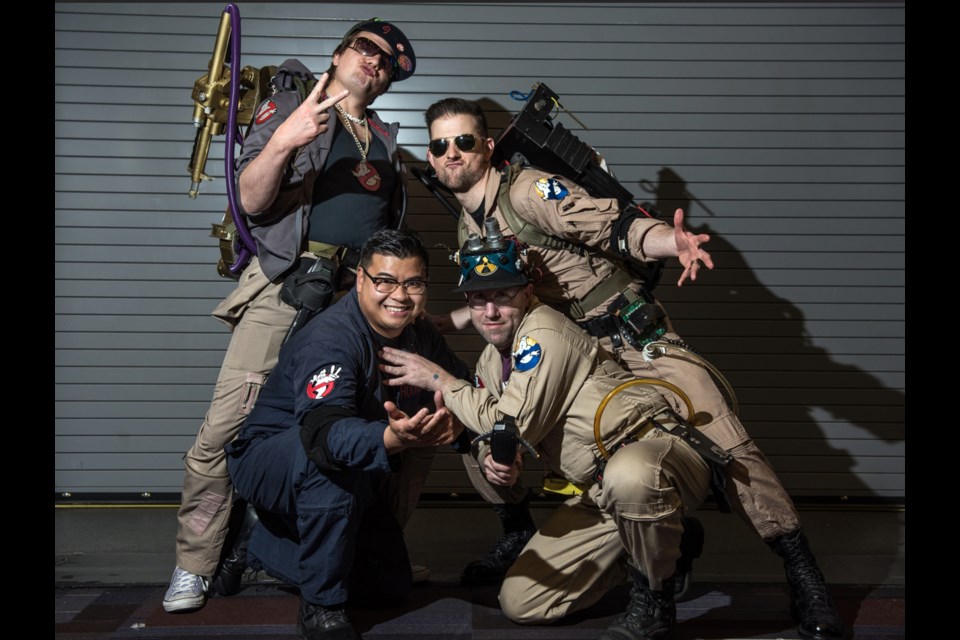 Some of the members of the Ghostbusters of British Columbia in attendance at Saturday’s portion of Fan Expo Vancouver are, clockwise from top, Ryan Doell, Todd Whalen, David Laenen and Gary Thom. The group’s motto is: “They’re Here to Save the Best Place on Earth.” Photograph by: Rebecca Blissett
