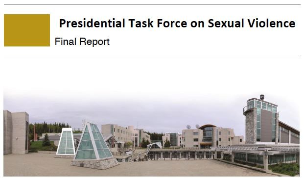 The cover of the UNBC Presidential Task Force on Sexual Violence final report is seen in this handout image.