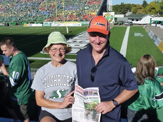 Karen Koroluk and Steve Okrainetz take in a Saskatchewan Roughriders vs. B.C. Lions football game in Regina, Sask.