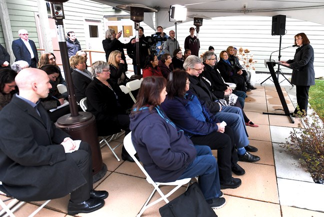 Kathi Heim, executive director, Prince George and District Elizabeth Fry Society speaks about provincial government funding Monday morning at E. Fry Place. Citizen photo by Brent Braaten Nov 28 2016