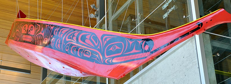 MOODY CENTRE: This canoe was originally crafted by Aboriginal students at Centennial secondary school and is decorated with an ancient design of the two-headed serpent Sisiutl. After many years and journeys in the water, it was placed in storage; however, last year, the canoe was restored by students from Suwa’lkh secondary school.