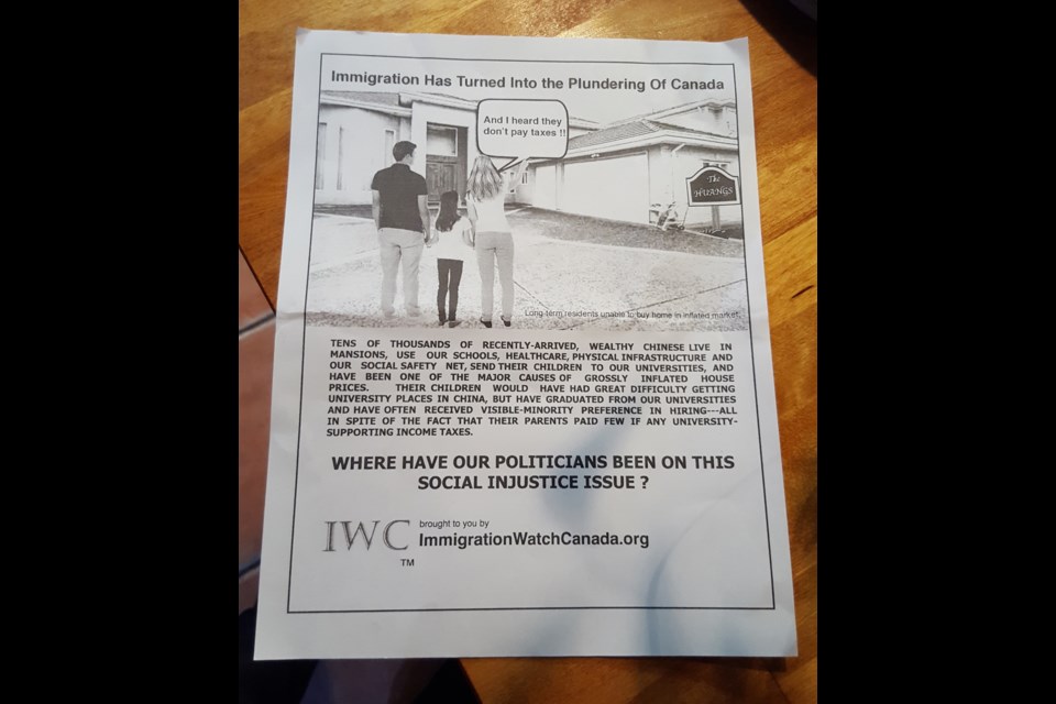 This new flyer, apparently printed by Immigration Watch Canada and singling out immigrant Chinese families, is now hitting doorsteps of Richmond