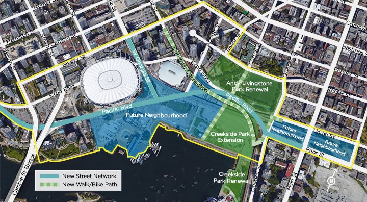 The green areas on the map of downtown Vancouver mark the public space that will be renewed or developed from scratch once the Georgia and Dunsmuir viaducts are dismantled in northeast False Creek.