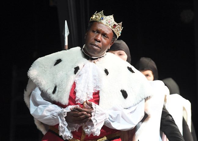 Roy Lewis plays King of Hearts during rehearsal in Theatre Northwests production of Alice in Wonderland, in this Nov. 9 file photo. Lewis also plays Humpty Dumpty and the Caterpillar in the production.