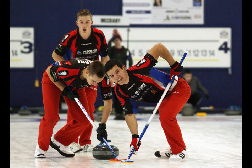 Team Tardi, which includes from left, Jordan Tardi, Burnaby's Sterling Middleton, Nicholas Meister, advanced to the B.C. Junior Men's curling championships by capturing the Coastal playdown A title recently. The championships will run Dec. 27 to Jan. 1 at the Royal City Curling Club.