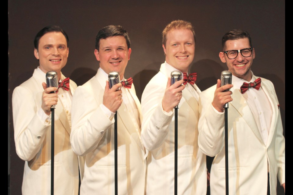 From left: Forever Plaid stars Christopher Hall as Jinx, Dann Wilhelm as Frankie, Allen Fraser as Sparky and Brad Dewar as Smudge. It continues until Dec. 18 at the Bernie Legge Theatre.
