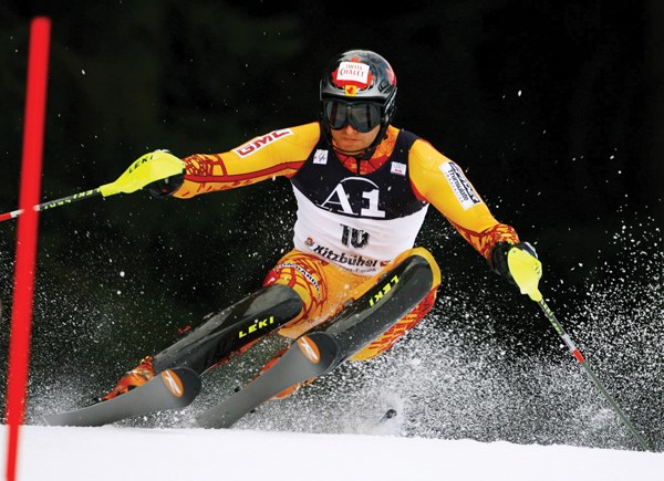 West Vancouver native Mike Janyk rips off a World Cup slalom run in Kitzbuhel, Austria. The three-time Olympian retired from the national team in 2014 and has now taken on a new role as the performance director for the Grouse Mountain Tyee Ski Club. photo supplied