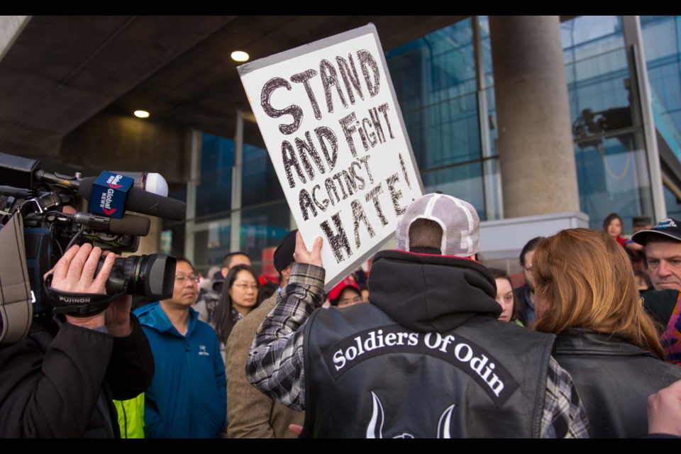 Soldiers of Odin (S.O.O.) members turned up at an anti-racism rally at Brighouse Canada Line station in Richmond on Sunday, supposedly to support the event. After a brief exchange of words with one of the rally organizers, the three-strong group from S.O.O. moved further down No. 3 Road