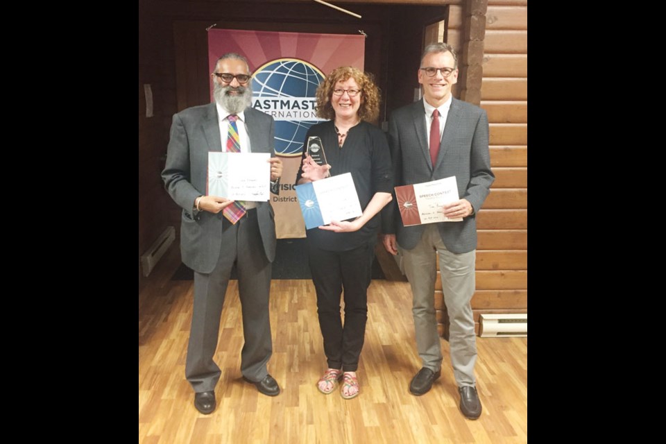 Barb Westlake (middle) of the Ambassadors-Tsawwassen Toastmasters took first place in the recent Division E Humourous Speech Contest. Jas Bhopal (left) representing Spotlight Speakers in Richmond was second, while Tim Ernst of the Ambassadors-Tsawwassen Toastmasters finished in third place.