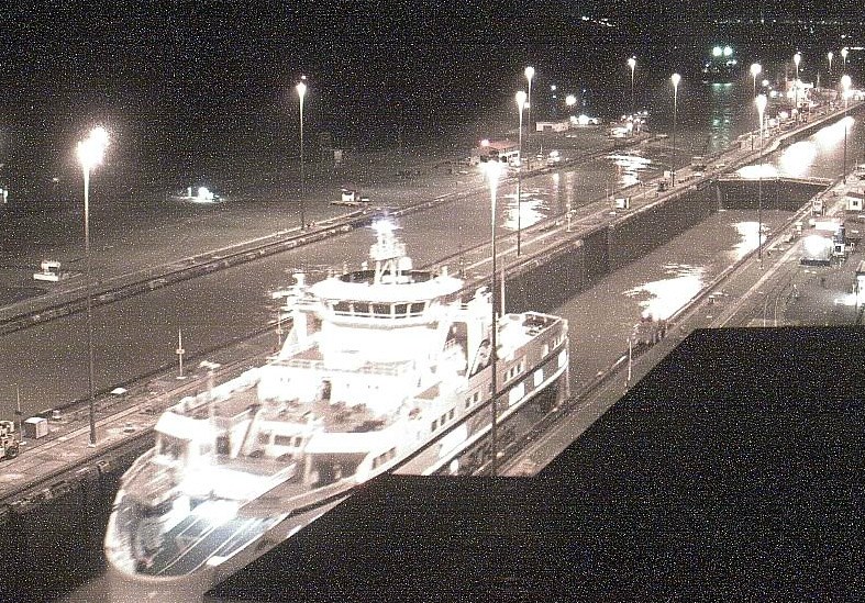 Salish Orca leaves the Miraflores locks, part of the Panama Canal, in a screengrab from the Panama webcam.