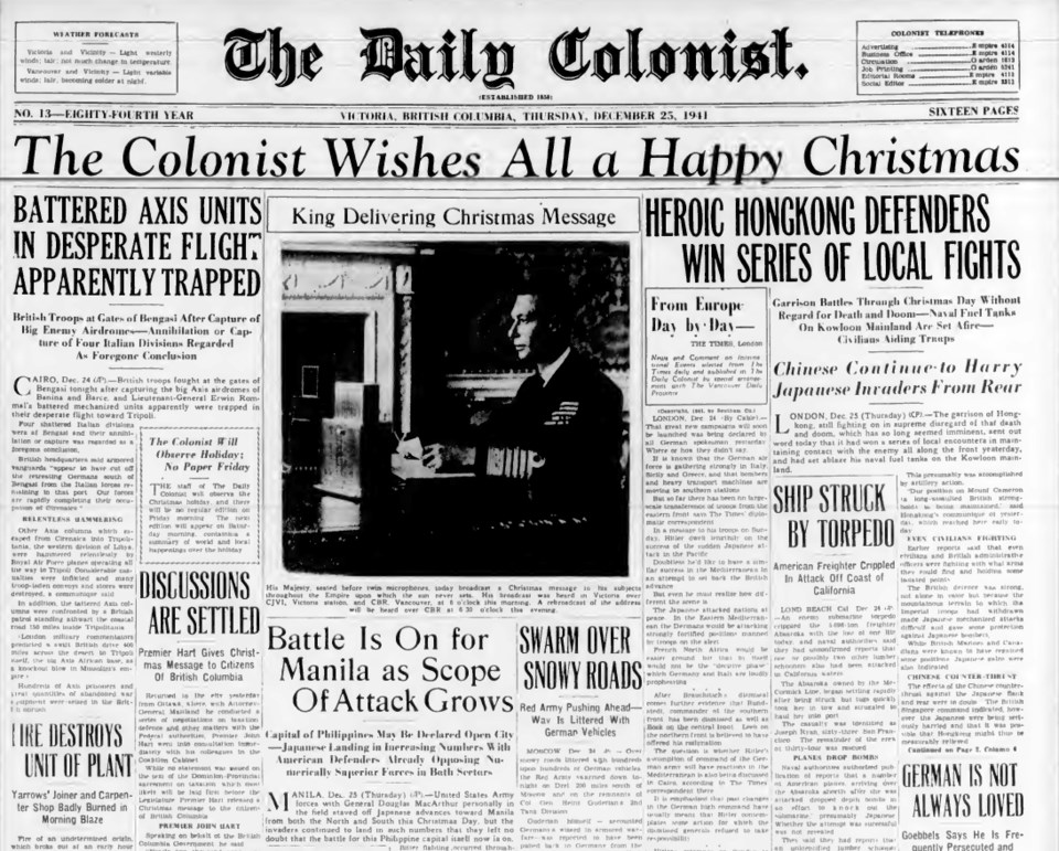 The Daily Colonist front page, Dec. 25, 1941
