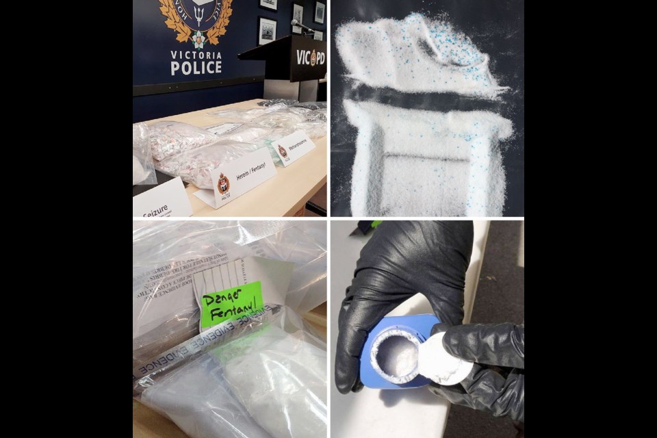 Clockwise from upper left, illicit drugs seized by VicPD, demonstration of how a fentanyl-laced drug might be manufactured, carfentanil hidden in a printer ink bottle held by a police officer, fentaynyl seized by Surrey RCMP.