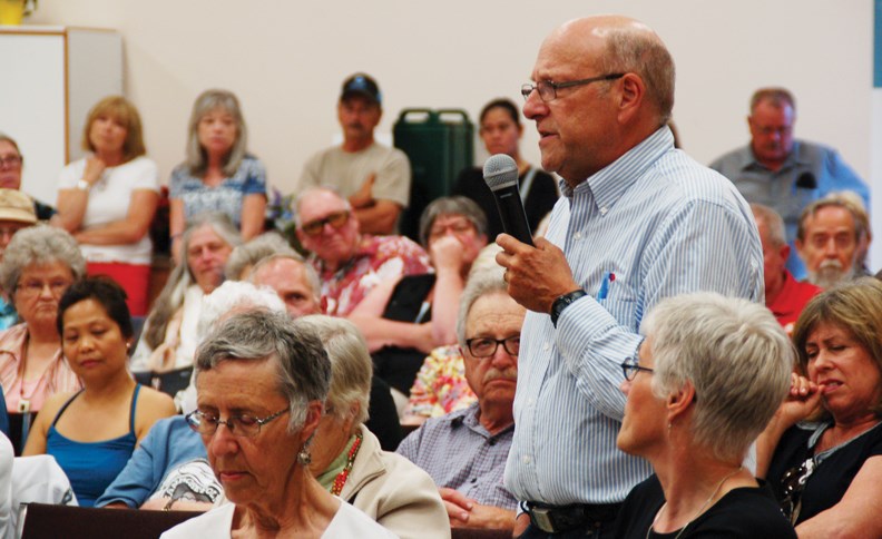 Bill Forst takes his turn at the mic during the June 29 town hall to discuss VCH’s proposal to close Shorncliffe and Totem Lodge.