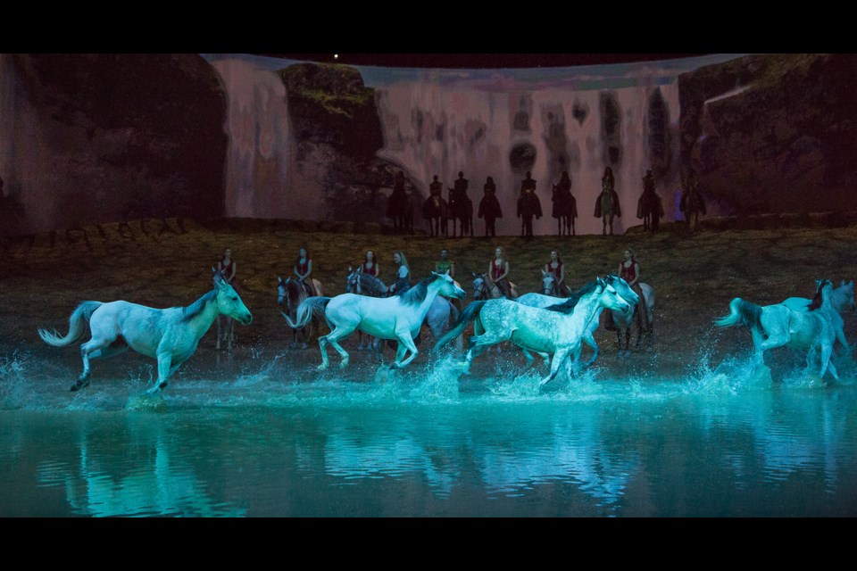 In a scene from Cavalia's Odysseo, a herd of horses is set free to run wildly through a lake, just one of the spectacular landscapes created for the show.