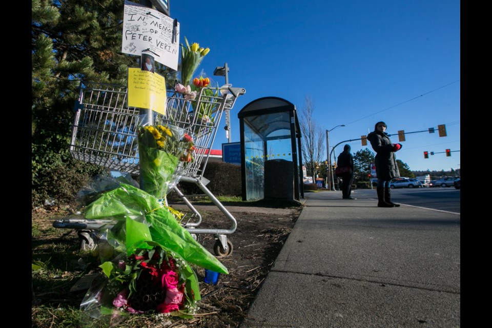 Passersby at the bus stop on Quadra Street and McKenzie Avenue came across a makeshift memorial Wednesday for Peter Verin who salvaged around the University of Victoria and Saanich Centre for more than 40 years.