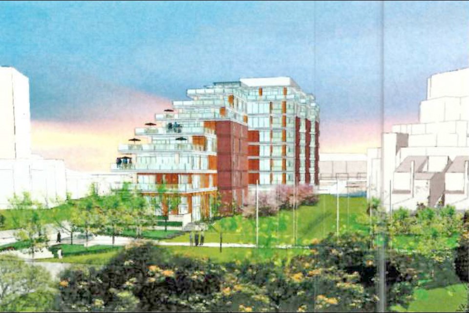An artist&Otilde;s rendering of the residential tower that would replace the Admiral Inn. This is the view an observer would have from the Inner Harbour.