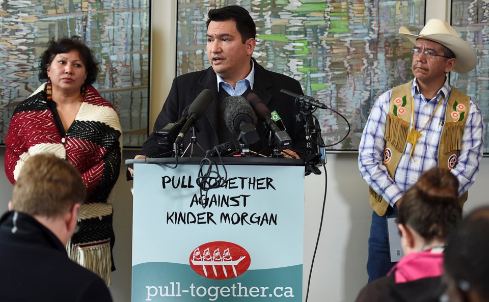 Squamish Nation Chief Ian Campbell, flanked by elected Tsleil-Waututh councillor Charlene Aleck and