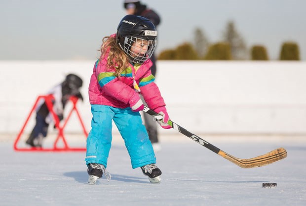Olivia Caswell does some stickhandling on the outdoor rink at Tsawwassen Springs last Saturday morning.