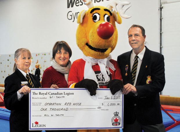 The Ladner Legion recently donated $1,000 to Operation Red Nose to support Delta Gymnastics. From left: Legion secretary Olwen Demidoff, Delta Gymnastics’ Carlene Lewell, Rudy and Legion executive Jim Holt. Operation Red Nose provides rides home for partygoers during the holiday season.
