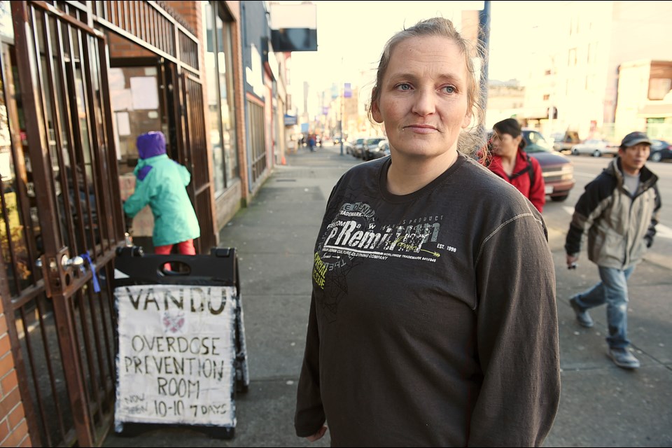 Drug users’ advocates, including Laura Shaver of the Vancouver Area Network of Drug Users, want council to redirect money earmarked for community policing centres to programs that they say directly respond to the city’s overdose drug crisis. Photo Dan Toulgoet