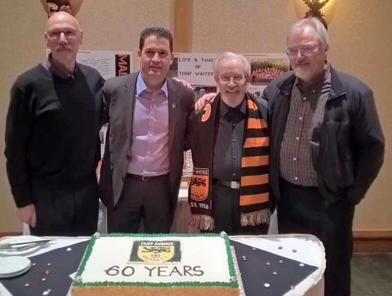 John and Luke Stockdale, far left and right, join Cliff Avenue United Football Club president Guido Titotto, second from left, and club founder Merrill Gordon at Saturday’s 60th anniversary gala in Burnaby.