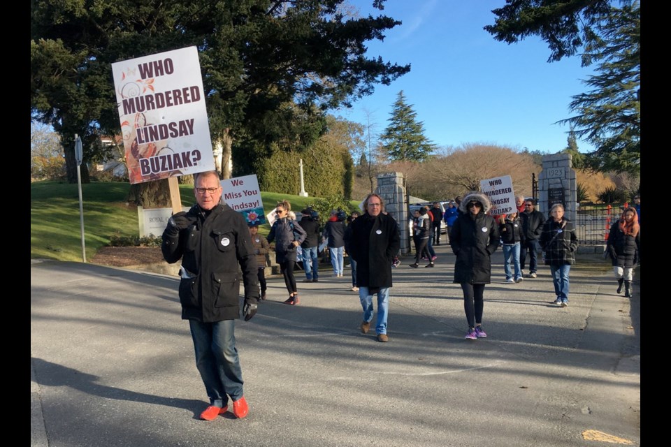 Jeff Buziak leads an annual walk in memory of his daughter Lindsay Buziak, who was slain in 2008. The 17-kilometre walk on Thursday started at Royal Oak Burial Park in Saanich, continued to the house where Lindsay's body was found and ended at Saanich Municipal Hall. Feb. 2, 2017