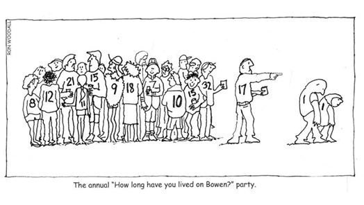 Ron is still in Mexico so we’ve decided to rerun some of those golden oldies. The national sport of Bowen Island is determining how long other people have lived here. There is great prestige associated with prolonged hunkering down on the rock.
