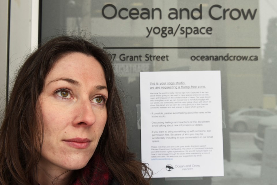 Julie Peters recently declared Ocean and Crow Yoga a Trump-free zone. Photo Dan Toulgoet