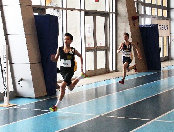 In his first meet with the Burnaby Striders, Brandon Hsu captured first place in both the 60m and 600m races in the 13-year-old boys division at the Harry Jerome Indoor Games.
