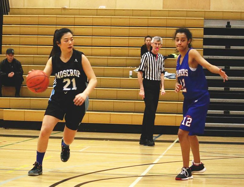 The Moscrop Panthers' co-captain Jessica Hu makes a move during Monday's senior girls quarterfinal game against Cariboo Hill. The Panthers prevailed and had a shot at a top-three placing at NOW press time.