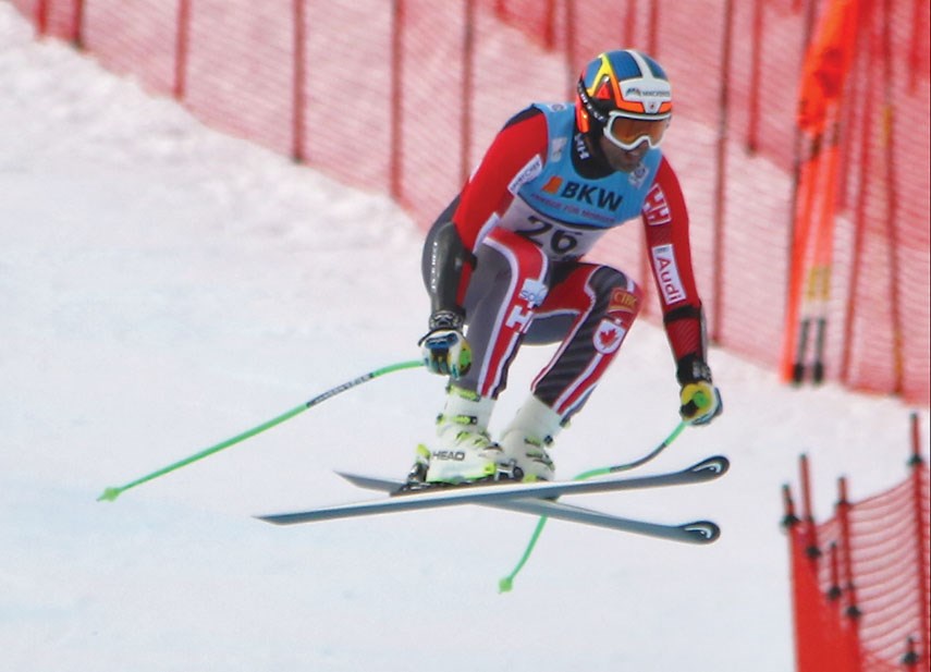 Manuel Osborne-Paradis flies over the last jump during his run for bronze at the FIS world championships in Switzerland Wednesday. photo Joerg Oegerli/Top Pictures