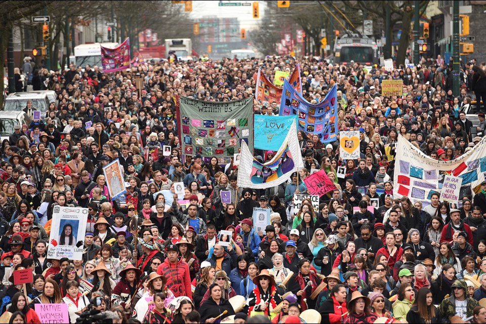 Several thousand people participated Tuesday in the 27th Annual February 14th Women's Memorial March in the Downtown Eastside. Photo: Dan Toulgoet