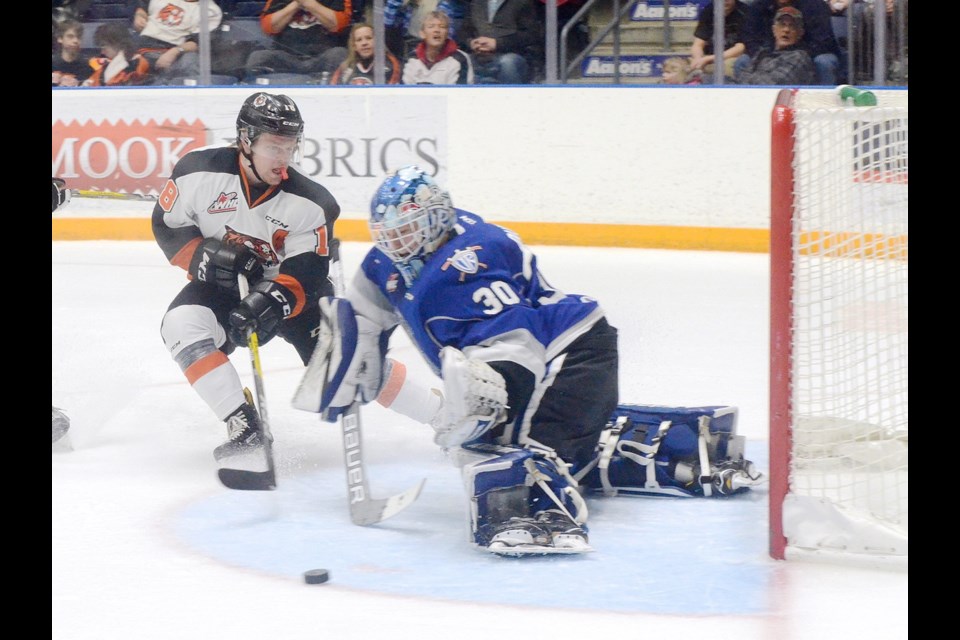 Royals goaltender Griffen Outhouse makes a pad save on Tigers forward Mason Shaw during the first period at the Canalta Centre in Medicine Hat on Wednesday night.