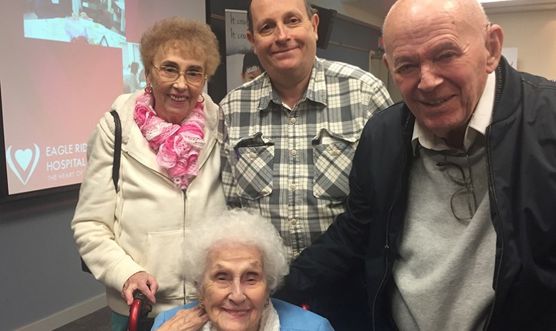 Phyllis Greenfeld, age 102, with her daughter Patricia Purcell, grandson Glenn Purcell and husband, David, at the Have a Heart tea at Eagle Ridge Hospital in Port Moody. The Greenfelds have donated to the foundation for two decades.