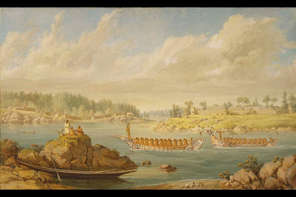 The Return of a War Party by Paul Kane, 1847. Fort Victoria is visible in the background. Royal Ontario Museum