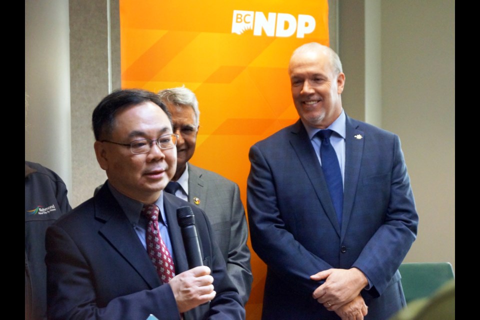 Chak Au, currently a city councillor in Richmond, with BC NDP leader John Horgan at Friday’s event, where Au was acclaimed as the party’s candidate for the new Richmond South Centre riding. Au is being supported by fellow councillor and former NDP MLA Harold Steves. Photo by Graeme Wood/Richmond News. Feb.17, 2017.