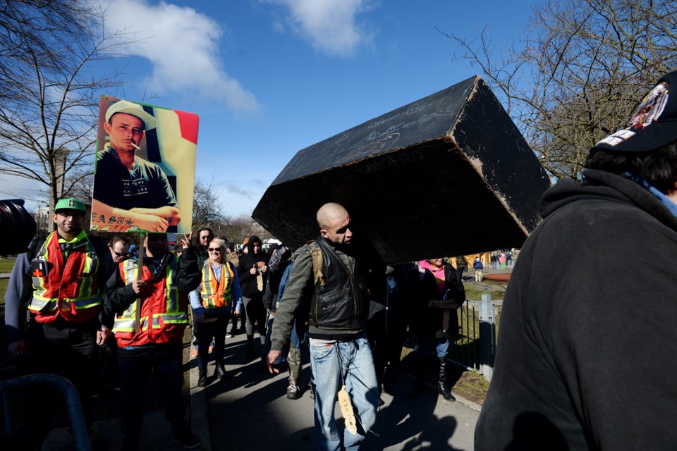 About 300 people protested Tuesday in the Downtown Eastside as part of nation-wide demonstration to have governments create solutions to prevent more people from dying of drug overdoses. Photo Jennifer Gauthier