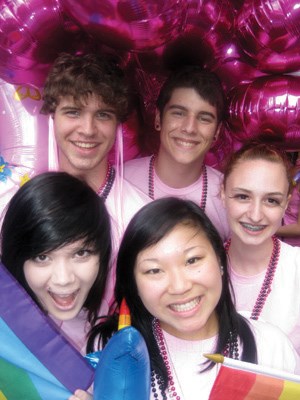 Out in Schools supporters Dakota Courtoreille, Peter Recchia, Megan McKee, Janelle Yee and Sarah Spencer marched in the 33rd annual Pride Parade.