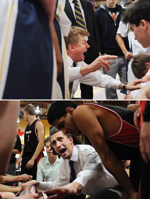 Kitsilano Blue Demons coach Randy Coutts (top) and St. George's Saints coach Guy daSilva motivate their respective teams.