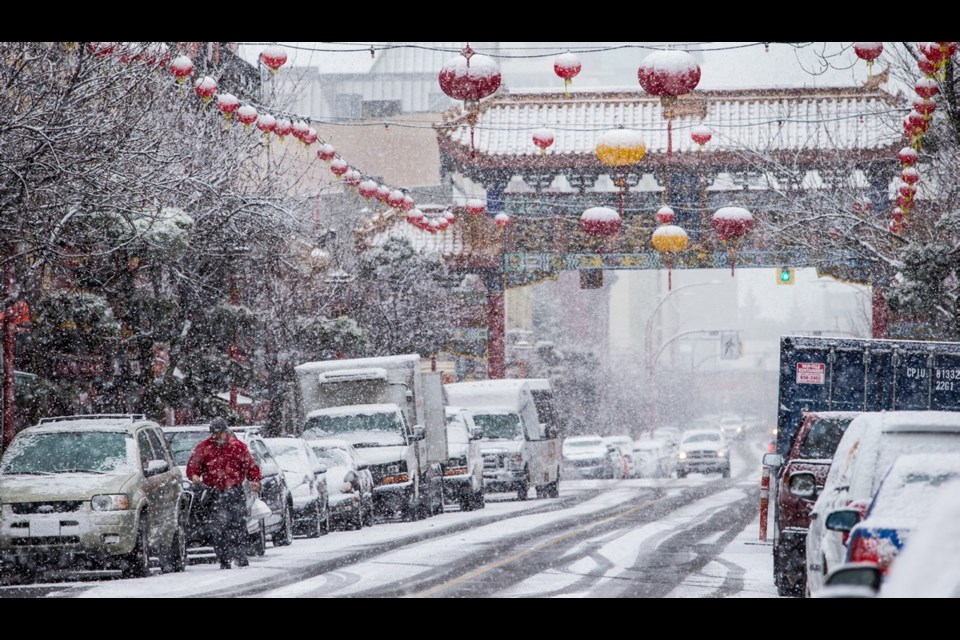 Snow falls on Fisgard Street in Chinatown on Monday. Morning flurries throughout the region cancelled flights and snarled traffic. The wintry weather should subside by next week, with warmer temperatures predicted.