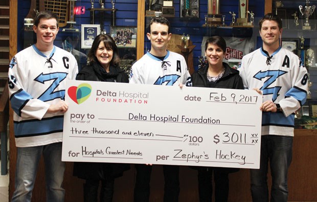 Members of the Ladner Zephyrs present Madelaine Collinge and Lisa Hoglund with a cheque for more than $3,000.