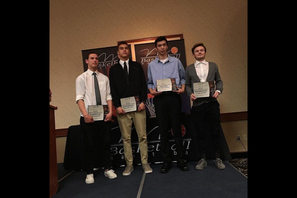 RDPC’s Dale Cook, second from right, was named to the first A/AA/AAA male all-Manitoba team at Basketball Manitoba’s all-star banquet in Winnipeg April 15.