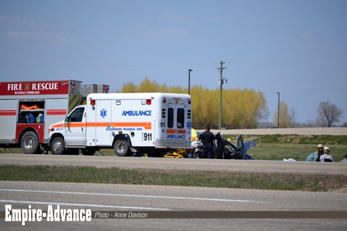 A two-vehicle accident at the junction of Hwy#83 near Virden, and the TransCanada highway, mid-afternoon Friday, May 5. Photos/Anne Davison