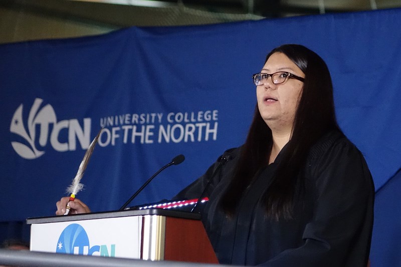 Valedictorian Tamara Keeper speaks at the 2017 University College of the North Thompson campus convocation June 13 at the C.A. Nesbitt Arena.