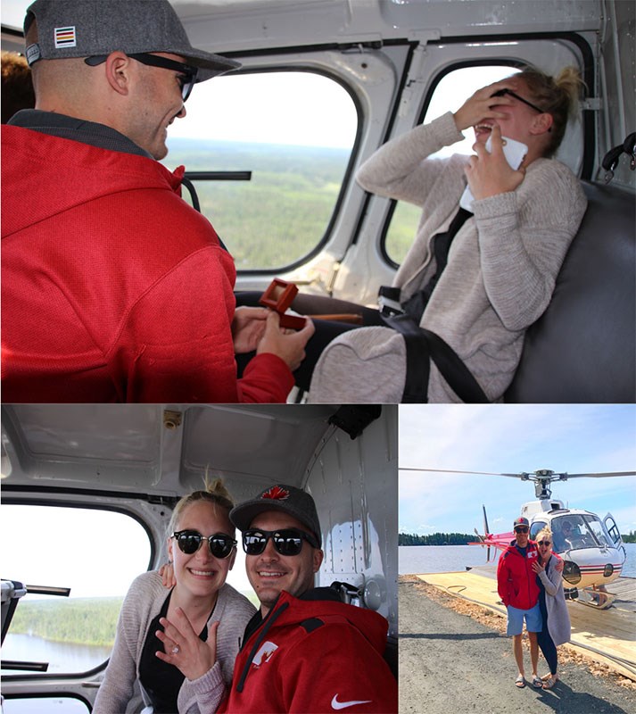 A photo collage of the Britton/Michaelson engagement in the air.