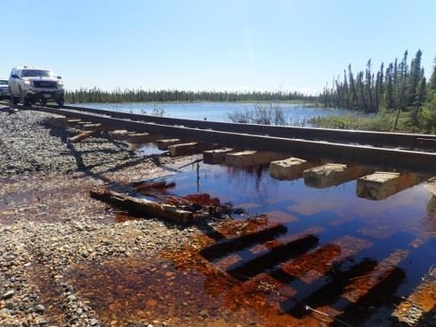 An 80-foot long, four-foot-deep washed-out section of the Hudson Bay Railway in the Herchmer subdivi