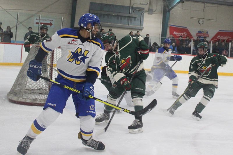 Northstars forward Sheldin Howard rushes for the puck at the tail end of his team’s Jan. 26 match-up