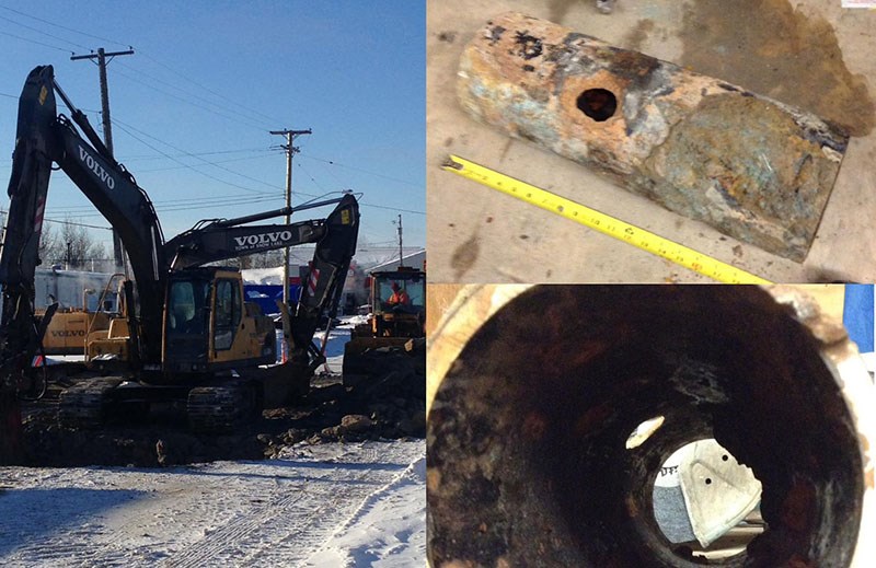 A collage of photos showing the excavators at work, a golf ball-sized hole in the section of water m