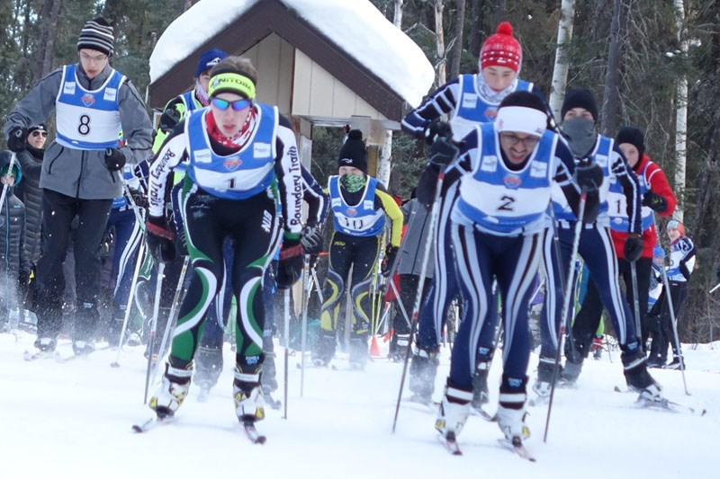 Aaron Warkentine, above (#1), won his second cross-country skiing gold medal of the 2018 Manitoba Ga